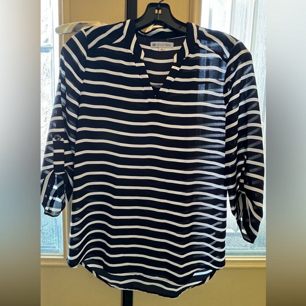 DE Collection Navy and White Striped Blouse
